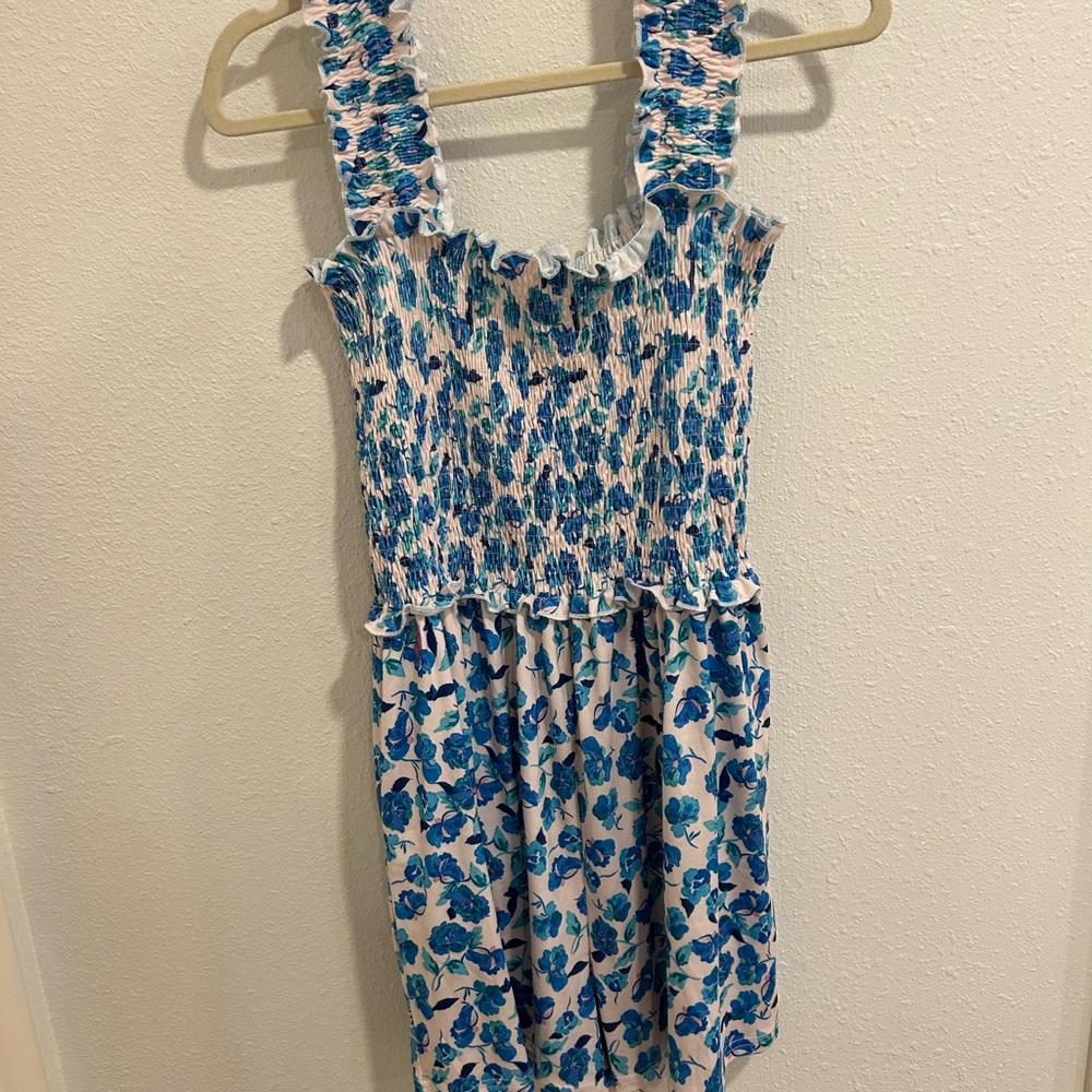 Floral Smocked romper with Blue and White Pattern and pockets
